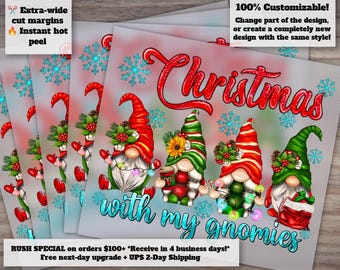 Christmas With My Gnomies Design | Merry Christmas Gnomes | Ready to Press Heat Transfer | Holiday Gnome Art for DTF Prints