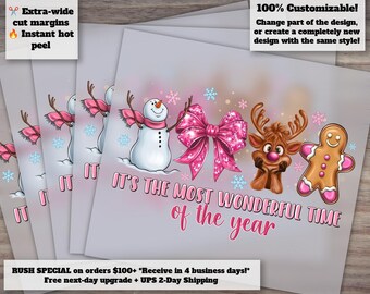 Coquette Christmas Pink Bow Candy Cane Reindeer Gingerbread Retro Kids Girly Xmas Heat Transfer DTF Ready to Press