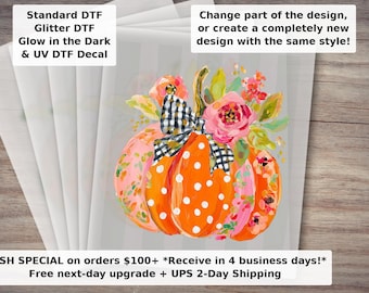 Fall Pumpkin Striped DTF Transfer - Preppy Floral Bow Pumpkin Ready to Press Heat Transfer for Shirts and Sweatshirts