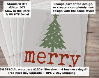 Merry Christmas Minimalist Tree DTF Transfer | Retro Font Rustic Holiday Ready to Press Heat Transfer for T-Shirts and Apparel