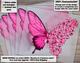 Breast Cancer Awareness Butterfly Design, Pink Floral Heat Transfer, Ready to Press DTF, Cancer Support Ribbon Art