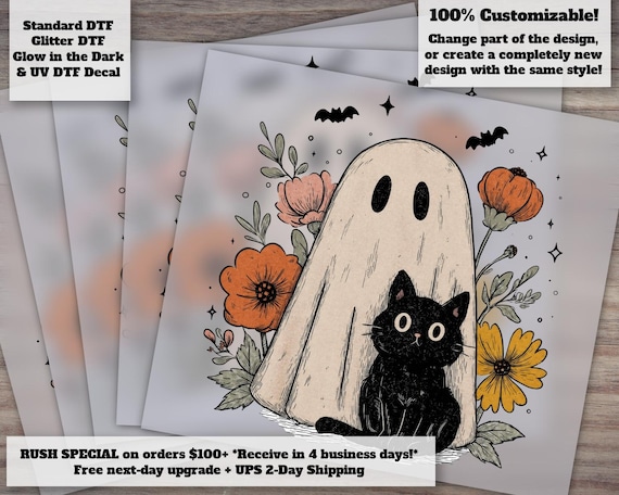 Cute Halloween Ghost and Cat DTF Transfer - Retro Spooky Floral Halloween Ready to Press Iron On