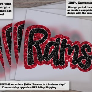 Rams Hand Drawn Glitter Sequin Design | Faux Appliqué Football Heat Transfer | DTF Ready to Press Patch