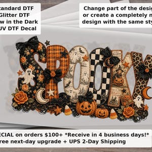 Spooky Patchwork Coquette Halloween DTF Transfer - Vintage Ghost Pumpkin Black Orange Bow Retro Halloween Ready to Press Shirt Transfer