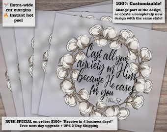 1 Peter 5:7 Bible Verse, Christian Faith Quote, Heat Transfer Design, DTF, Ready to Press - For Anxiety Relief