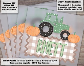 Name Block Swiss Dot Tractor DTF Transfer Gingham Stripe Pumpkin Kids Preppy Custom Ready to Press Heat Transfer
