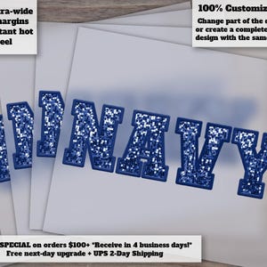 Navy Heat Transfer Sequin Appliqué, Ready-to-Press Faux DTF - Ideal for Etsy Shops