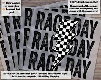 Race Day Checker Lightning Bolt Design for T-Shirt Heat Transfer, DTF, Distressed Waterslide - Ready to Press
