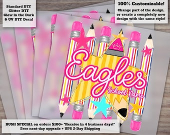 Custom Neon Preppy School Mascot Back To School DTF Transfer | Striped Stars Pencil Checkered Colorful Girls First Day of School