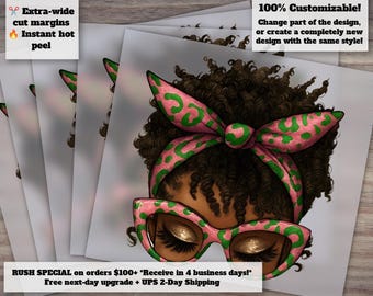 Short Hair Messy Bun Afro Sorority Design in Pink and Green - Ready to Press, Heat Transfer, DTF, Sorority Colors