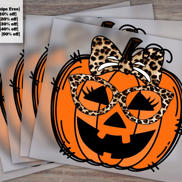 Girl's Halloween Pumpkin Face with Bow, Leopard Glasses - Fall Heat Transfer, DTF - Ready to Press, Waterslide Design, Cheetah Theme