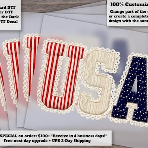 USA Patchwork Patriotic Bow Heat Transfer Vintage Flag Letters 4th July