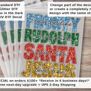 Christmas DTF Transfer Dance Like Frosty Shine Rudolph Give Santa Love Jesus Faux Embroidery Sequin Iron On