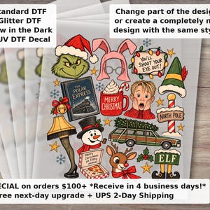 Op de afbeelding: Een vel met kerst-thema DTF-stickers met kleurrijke illustraties van een groen personage met een kerstmuts, een roze konijnenkap, een rode mok, een jongen, een stationwagen met een kerstboom, een sneeuwman en een rendier.