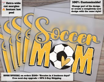 Soccer Mom Yellow and White Designs - Transparent Ready to Press, Heat Transfer, DTF for Etsy Shop