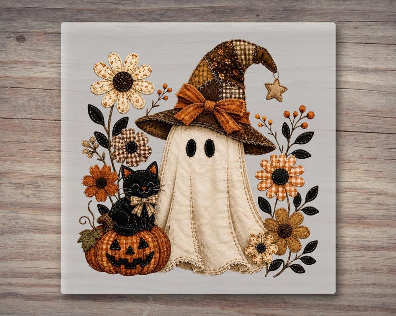 Patchwork Witch Ghost DTF Transfer - Spooky Fall Halloween Ready to Press Heat Transfer image 6