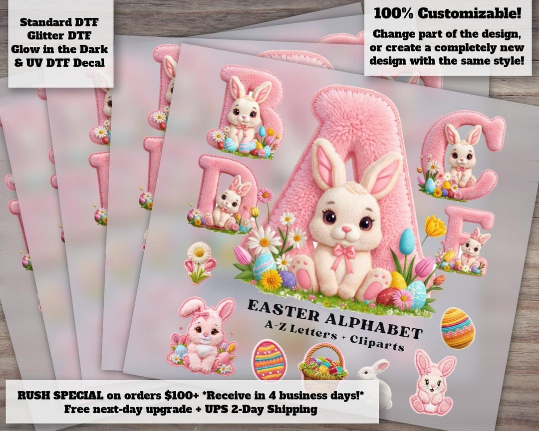 Easter Alphabet Bunny Letters Pink Faux Yarn DTF Heat Transfer for Kids ...