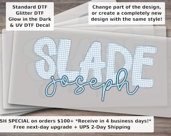 Custom Boy Gingham Blue Check Ready to Press DTF Transfer for Shirts and Onesies