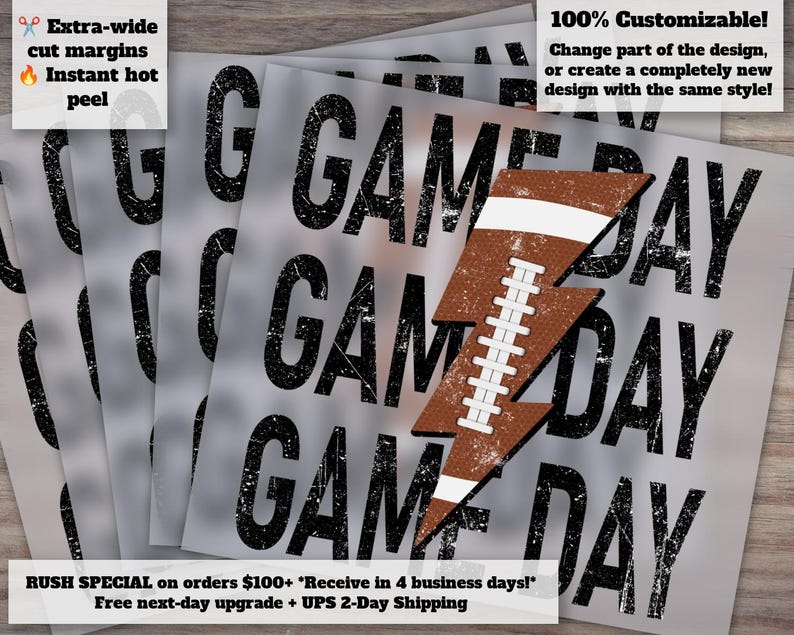 Game Day Football Lightning Bolt Dtf, Digital Transfer Print, Distressed Football Dtf, Heat Press, Stacked Football Print, sublimation Print image 1