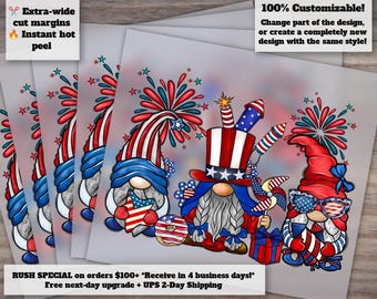 4th of July Gnome Design, American Gnome with Fireworks, Ready to Press Heat Transfer, DTF