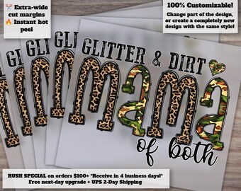 Glitter and Dirt Army Mom Leopard Design, Western and Camouflage Pattern, Ready to Press Heat Transfer, DTF, High-Quality DTF Transfer