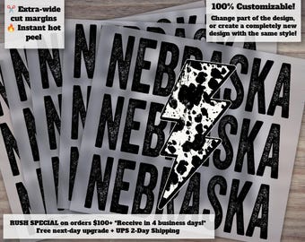 Nebraska State Heat Transfer Design: Distressed Cowhide, Ready to Press, Waterslide T-shirt, DTF, Bolt Pattern