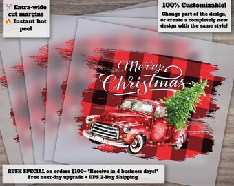 Merry Christmas Red Truck Buffalo Plaid Design, 300dpi Heat Transfer, Ready to Press, Holiday DTF, Red Truck Christmas Art