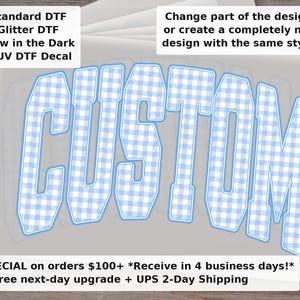 Custom Mascot and Team Name Blue Gingham Checkered Varsity School Spirit Game Day DTF Transfer - Ready to Press