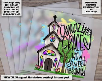 Ready To Press, Digital Transfer Dtf, Amazing Grace With Whimsical Hand Drawn Church, Dtf, Transfer Dtf, sublimation Print, heat transfer
