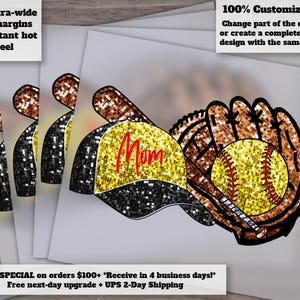 May include: A glittery softball design featuring a yellow softball, a brown glove, and a baseball cap with the word "Mom" in red. The image includes text that reads "Extra-wide cut margins" and "100% Customizable!"