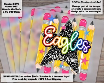Custom Mascot | Custom Preppy School Mascot Back To School Girls DTF Transfer | Striped Stars Pencils Checkered Colorful 1st Day of School