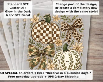 Preppy Coquette Camo Pumpkin DTF Transfer - Grandmillennial Fall Bow Design - Trendy Autumn Shirt Iron On Transfer