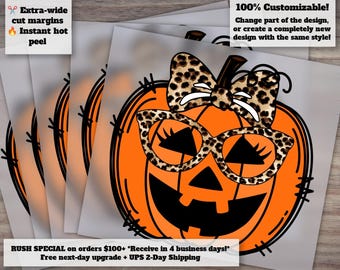 Girl's Halloween Pumpkin Face with Bow, Leopard Glasses - Fall Heat Transfer, DTF - Ready to Press, Waterslide Design, Cheetah Theme