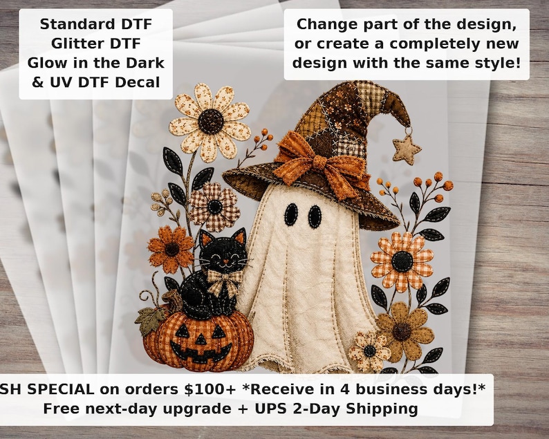 Patchwork Witch Ghost DTF Transfer - Spooky Fall Halloween Ready to Press Heat Transfer image 1