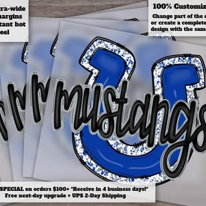 Mustangs Football Hand Drawn Mascot Blue Silver Gray Ready to Press Heat Transfer DTF Design