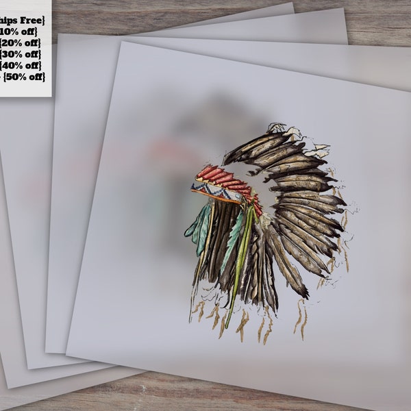 American Indian Headdress Design, Ready-to-Press Heat Transfer, DTF Compatible, Feather Style