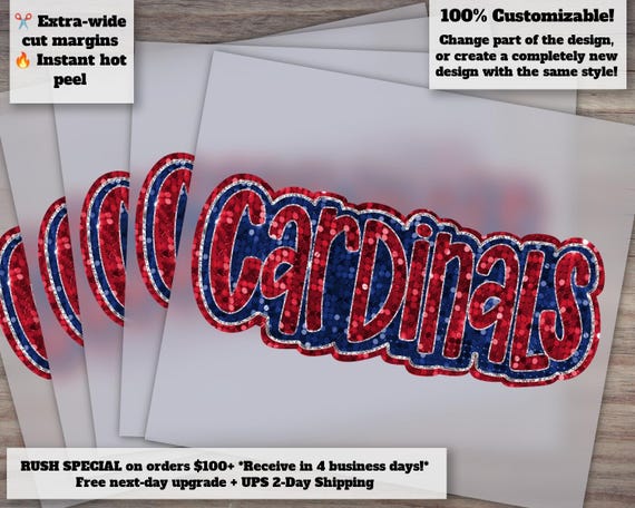 Cardinals Sequins Glitter Hand Drawn Faux Patch Design | Ready to Press, DTF Heat Transfer, Appliqué Football Graphics