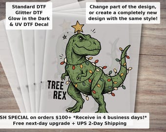 Transferencia térmica divertida de dinosaurio T-Rex para Navidad / Lindo T-Rex con luces navideñas, listo para planchar, para camisetas y prendas de vestir.