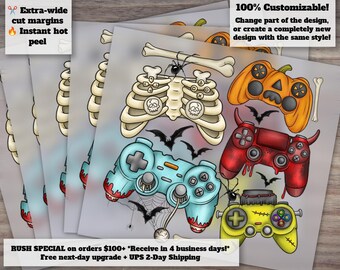 Halloween Skeleton Zombie Gaming Controllers Mummy Boys Heat Transfer Design for Kids, Video Game Ready to Press, DTF