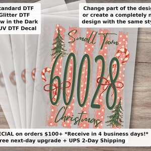 Custom Zip Code Small Town Christmas DTF Transfer | Preppy Pink Coquette Striped Christmas Tree Polka Dot Heat Press Transfer