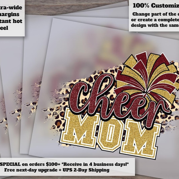 Cheer Mom Leopard Pom Design Maroon Gold Glitter | Cheerleading Heat Transfer Ready to Press | DTF Custom Sports Decor