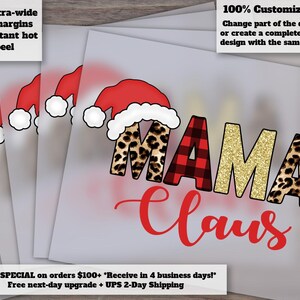 Mama Claus Leopard Buffalo Plaid Gold Christmas Art, Ready to Press Santa Hat Design, Heat Transfer DTF, Holiday Water Slide Design