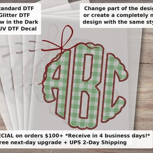 Coquette Bow Monogram DTF Transfer | Sage Green Gingham Custom Initials | Holiday Scalloped Letter