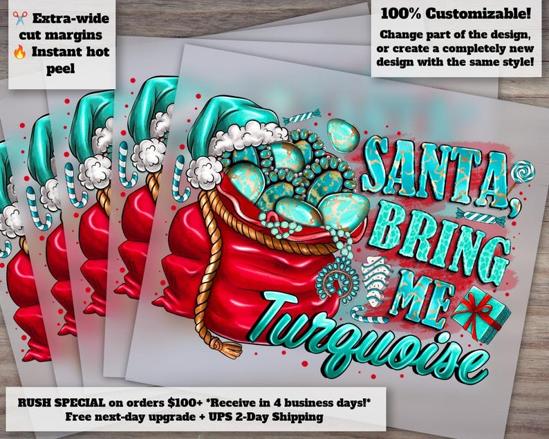 Cowgirl Christmas Turquoise Western Heat Transfer | Santa Bring Me Turquoise | Country Christmas DTF Ready to Press image 1