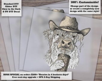 Highland Cow Coffee DTF Transfer, Western Cowgirl Shirt Transfer, Farm Animal Leopard Coffee Cup, Country Coquette Ready to Press