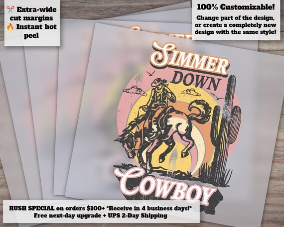 Western Cowboy Designs, Cowgirl T-Shirt Graphics, Boots Illustrations, Heat Transfer Ready, Simmer Down Cowboy DTF, Ready to Press Designs