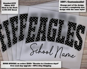 Custom Mascot School Name DTF Transfer, Personalized Team Mascot Shirt, Polka Dot Varsity Letters, School Spirit Game Day