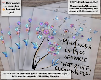 Kindness Is Free: Dandelion Heat Transfer Design | DTF Ready to Press | Dandelion Blowing Digital Art