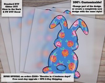 Easter Blue Bunny DTF and Floral Glitter Gold Bunny Transfers - Hand Drawn, Ready-to-Press Heat Transfer Designs