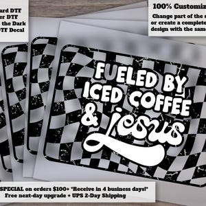 Fueled by Iced Coffee Jesus Puff Print Heat Transfer for Hats